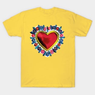 Mexican red silver milagro sacred heart oaxaca tin folk art T-Shirt